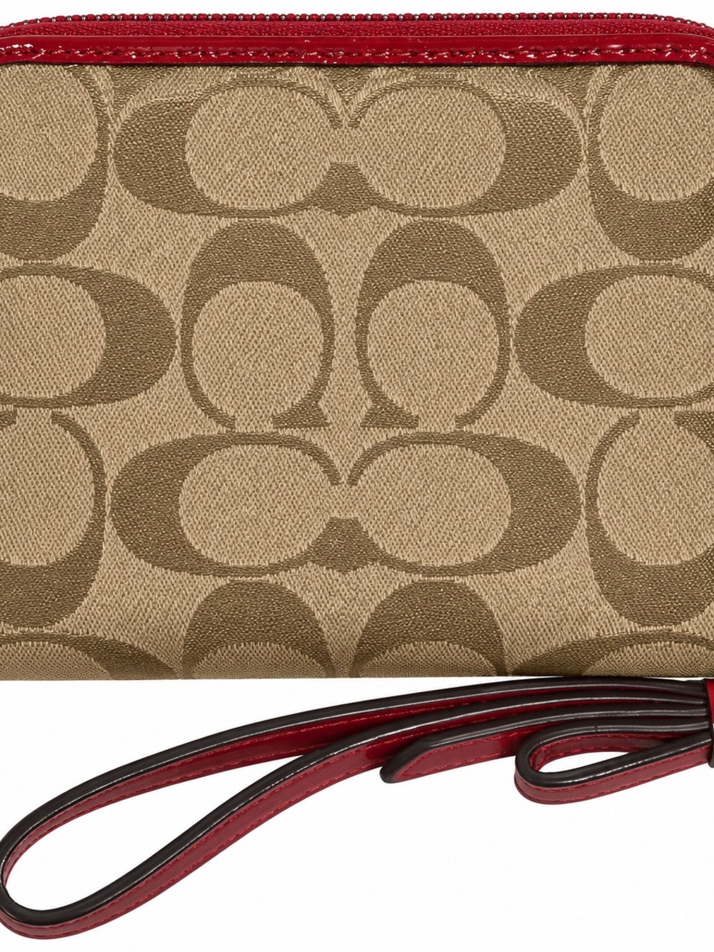 Coach Poppy Khaki Signature Canvas Wristlet with Red Trim - Picture 2 of 4